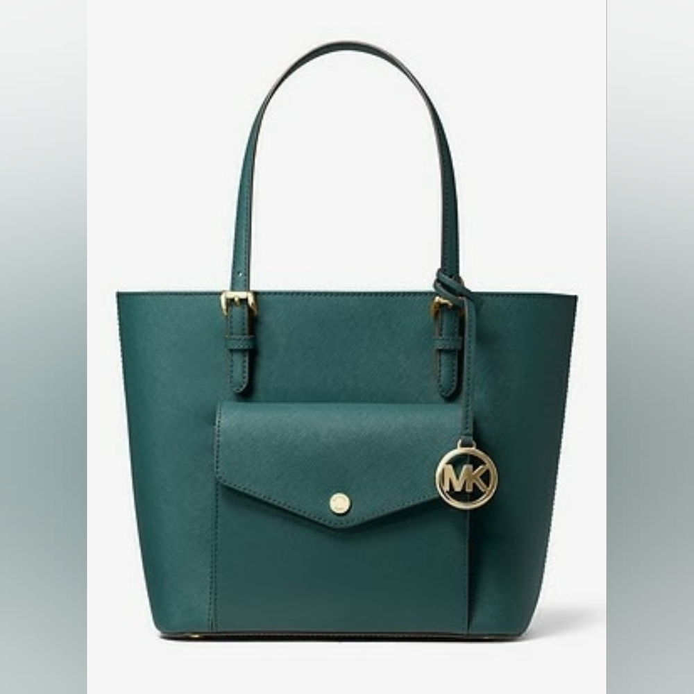 JET SET MEDIUM SAFFIANO LEATHER POCKET TOTE BAG Dark Cyan